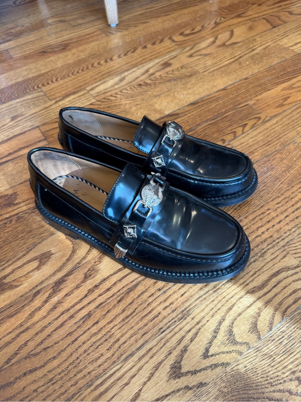 TOGA Pulla Black Leather Loafers with Silver-Tone Hardware
